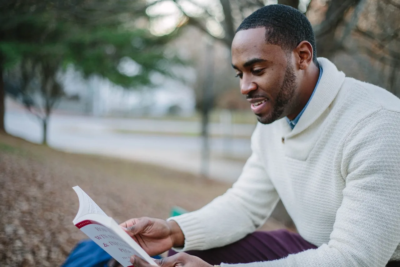 people, man, guy, smile, happy, reading, book, sitting, outside, black, guy, guy, reading, reading, reading, reading, reading