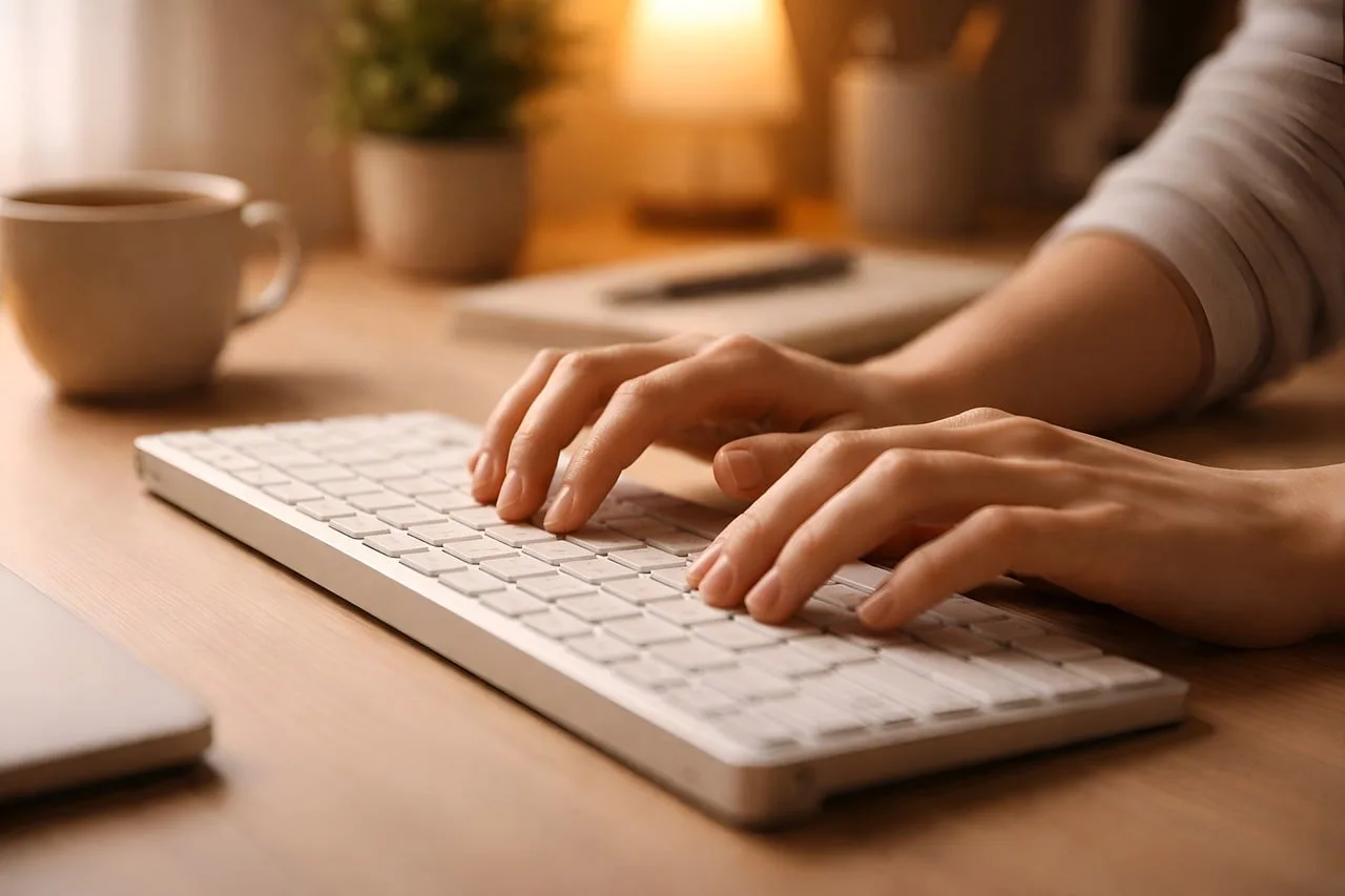 writing, keyboard, hands, productivity, focus, digital, asmr, remote work, office, work focus, programming, lamp, minimalism, nature, desk, plant, quiet, table lamp, freelance, concentration, layout